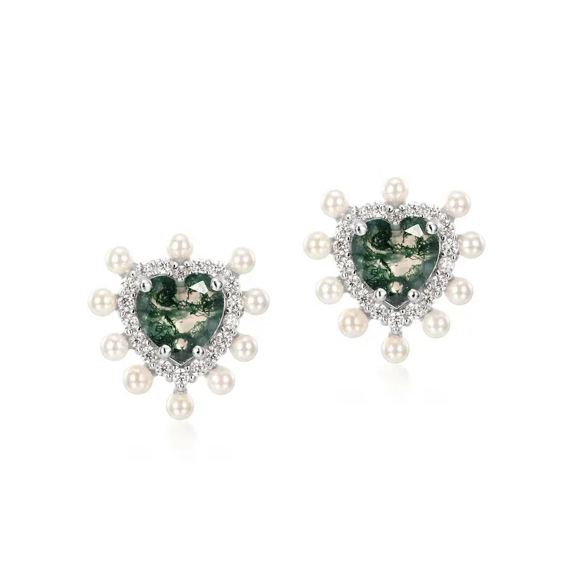 Jewelyking Dainty Real Silver Gemstone Bling Zircon Cute Heart Shape Moss Agate Stud Earrings JKES0080
