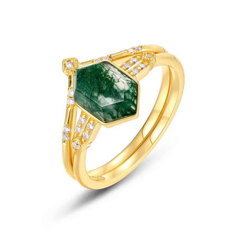 JewelyKing S925 Sterling Silver Moss Agate 14K Gold Plated Vintage Geometric Stackable Engagement Promise Ring JKRS0167