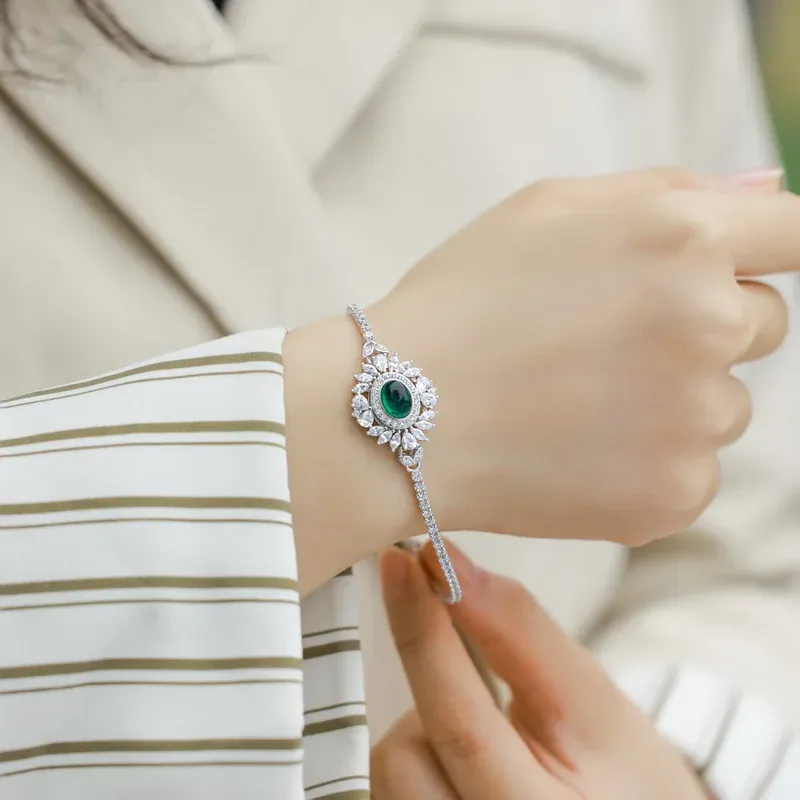 Fine Jewelry 18k White Gold Gemstone Bracelet Custom Jewelry Lab Diamond Lab Grown Emerald Bracelet for Women