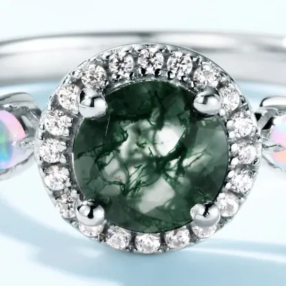 JewelyKing S925 Silver Gemstone Adjustable Shiny Zircon Synthetic Opal Round Shape Green Moss Agate Rings JKRS0234