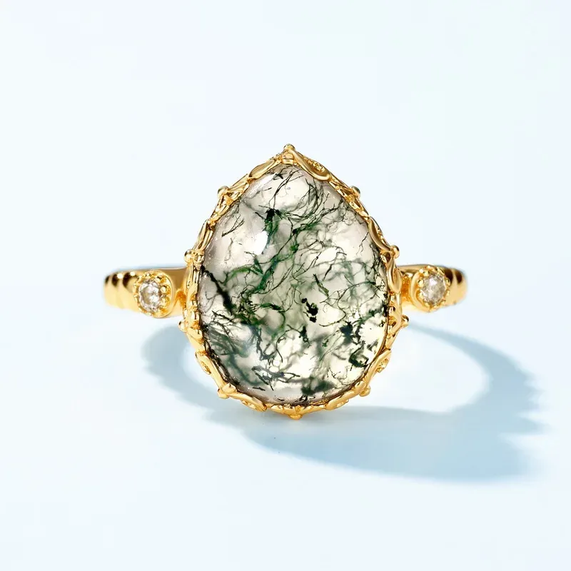 JewelyKing S925 Silver Water Drop Natural Green Moss Stone Inlaid Water Grass Agate Finger Ring JKRS0157
