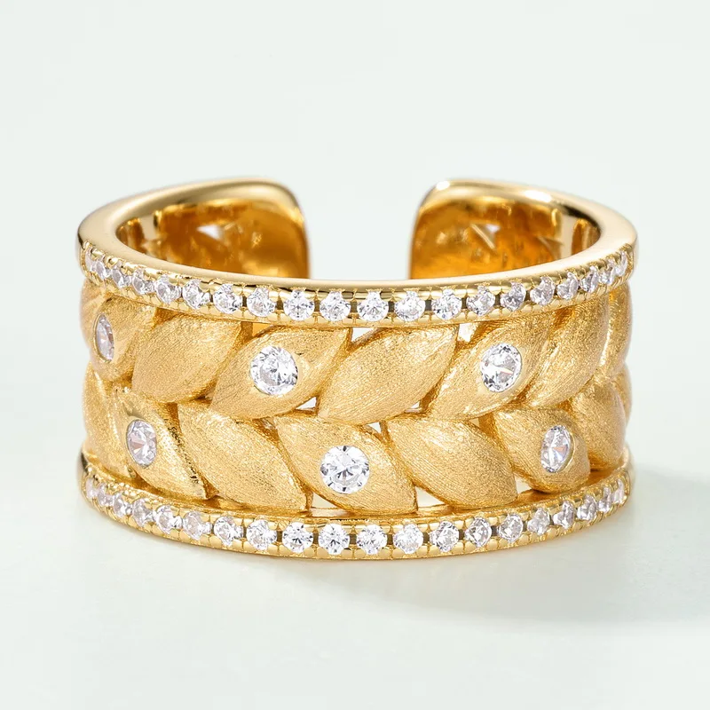 Jewelyking S925 Sterling Silver Brushed Sandblasted Open Gold Plated Leaf Texture Jewelry JKRS0116