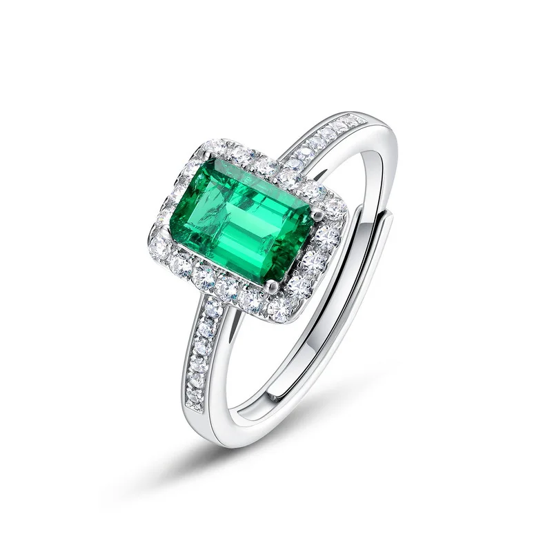 Retro Light Luxury Lab Grown Emerald Ring S925 Silver Inlaid Cultivated Colored Gemstone Ring Custom Wholesale