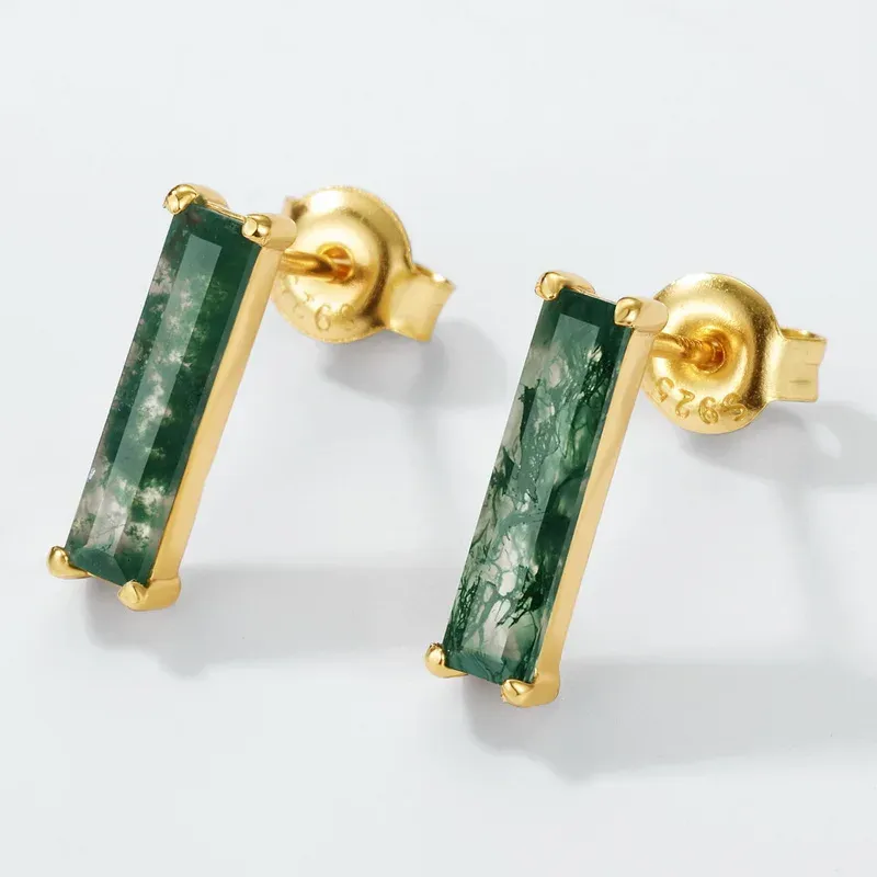 Jewelyking S925 Sterling Silver 18K Gold Green Moss Agate Bamboo Earrings JKES0092