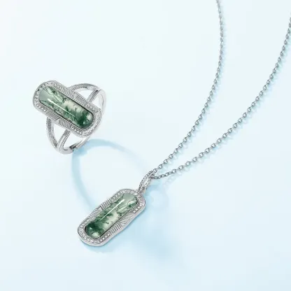 Jewelyking S925 Silver Moss Agate Green Agate Gemstone Jewelry Rhodium Plated  Pendant Necklace JKNS0093