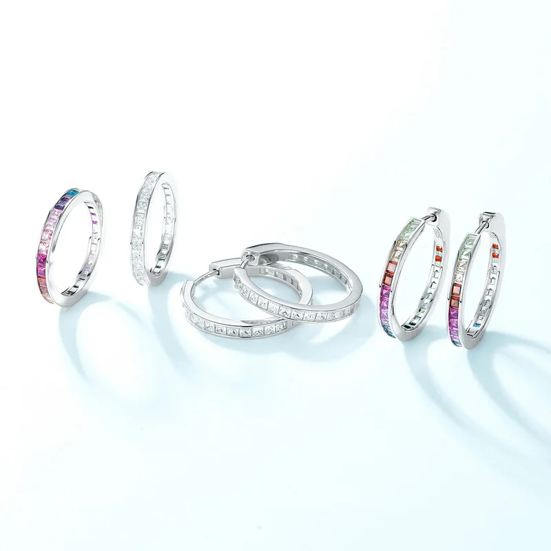 Custom  Multi Color Rainbow Ring 925 Sterling Silver Round Square CZ Shape Rainbow Wedding Band Ring for Women