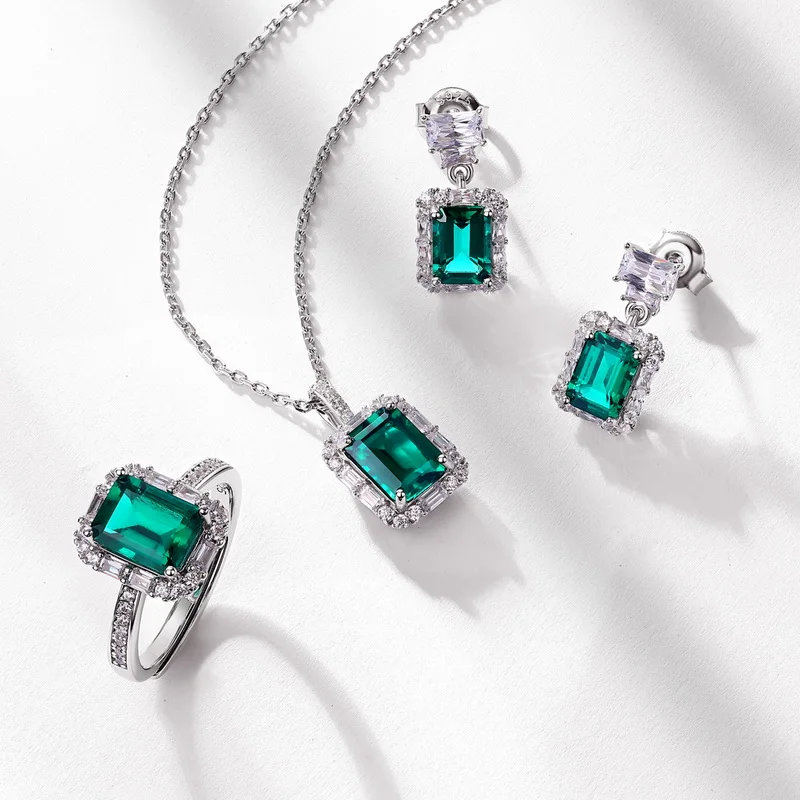 S925 Sterling Silver Emerald Cut Lab Grown Emerald Halo Pendant Necklace for Women