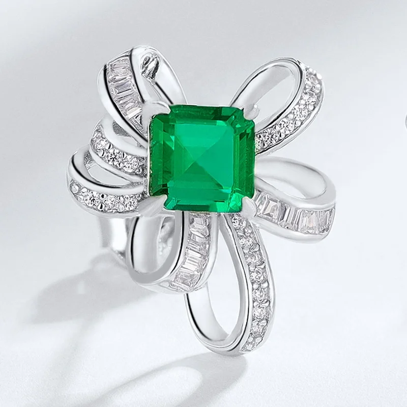 Luxury Jewelry 925 Silver Bling Cubic Zirconia Bowknot Earrings Studs Elegant Fashion Square Cut Lab Grown Emeralds Earrings