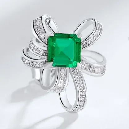 Luxury Jewelry 925 Silver Bling Cubic Zirconia Bowknot Earrings Studs Elegant Fashion Square Cut Lab Grown Emeralds Earrings
