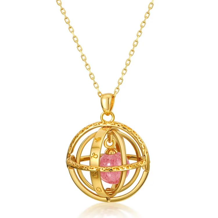JewelyKing S925 Sterling Silver Popular Zodiac Globe Design Strawberry Quartz Crystal Gemstone Pendant Necklace JKNS158