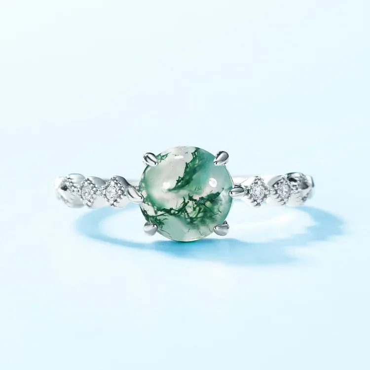 JewelyKing S925 Sterling Silver Moss Agate Oval Moss Agate Rings JKRS0243