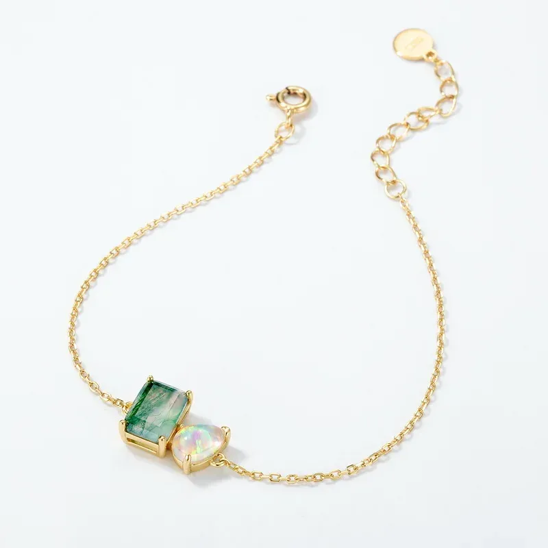 Jewelyking S925 Sterling Silver Women Classic Green Moss Agate Bracelet Square Ice Flower Opal Bracelet JKBS0041