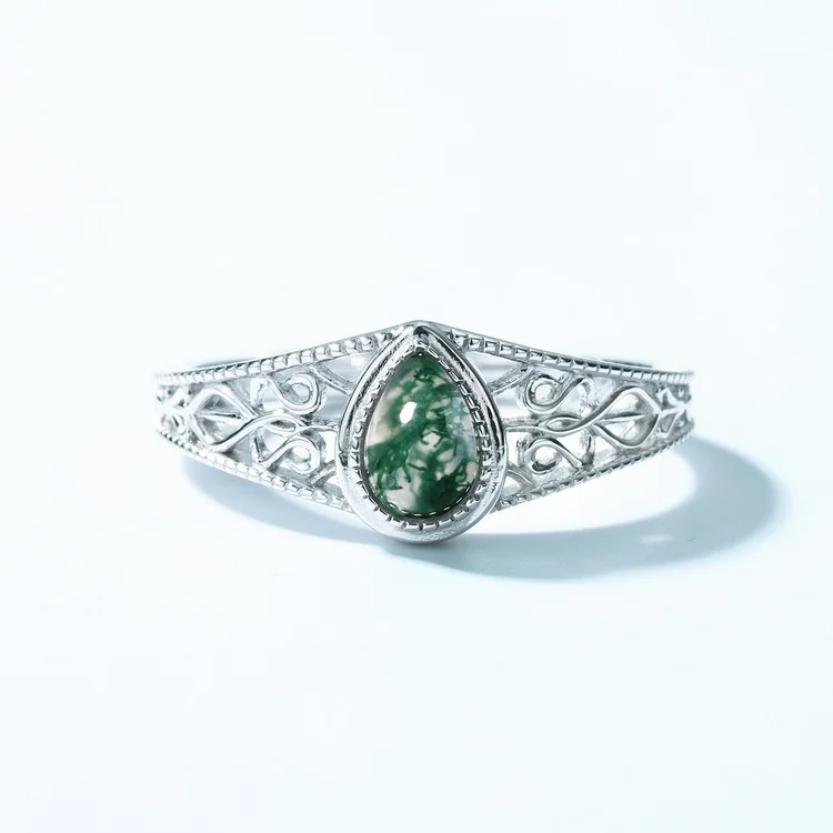 JewelyKing S925 Silver Moss Green Agate Crystal  Emerald Pear Shaped Inlaid Finger Cute Opening Adjustable Rings JKRS0221