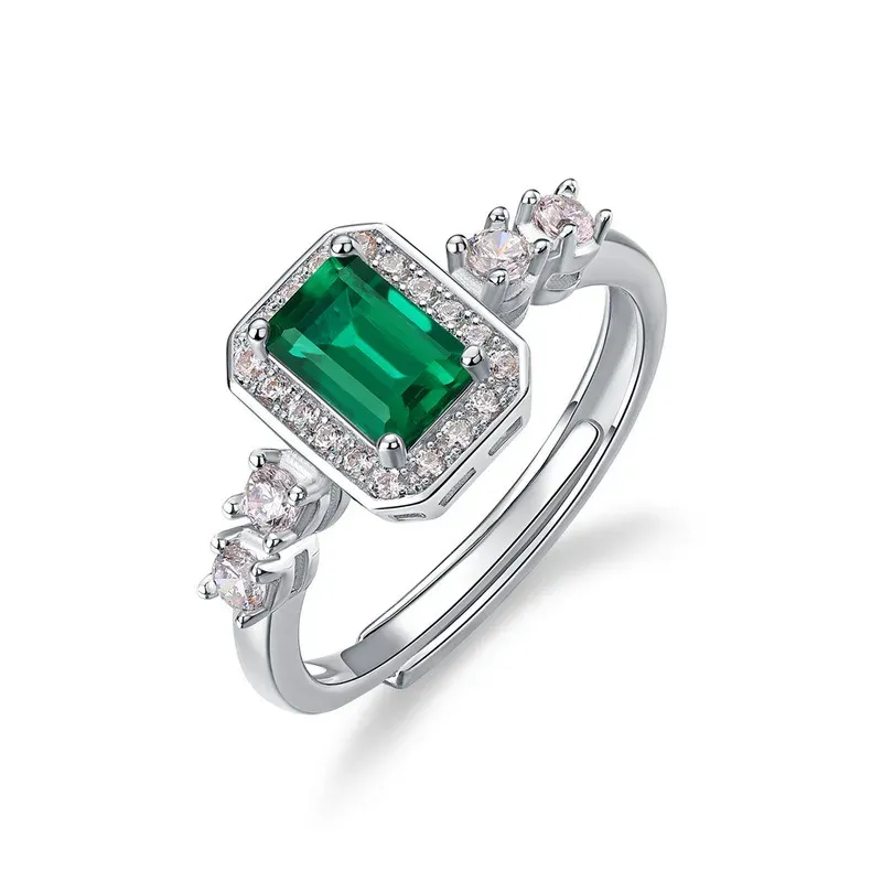 Retro Light Luxury Lab Grown Emerald Ring S925 Silver Inlaid Cultivated Colored Gemstone Ring Custom Wholesale