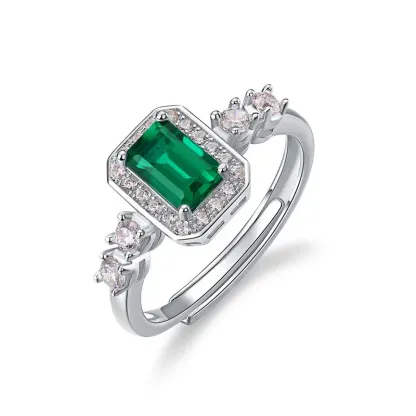Retro Light Luxury Lab Grown Emerald Ring S925 Silver Inlaid Cultivated Colored Gemstone Ring Custom Wholesale