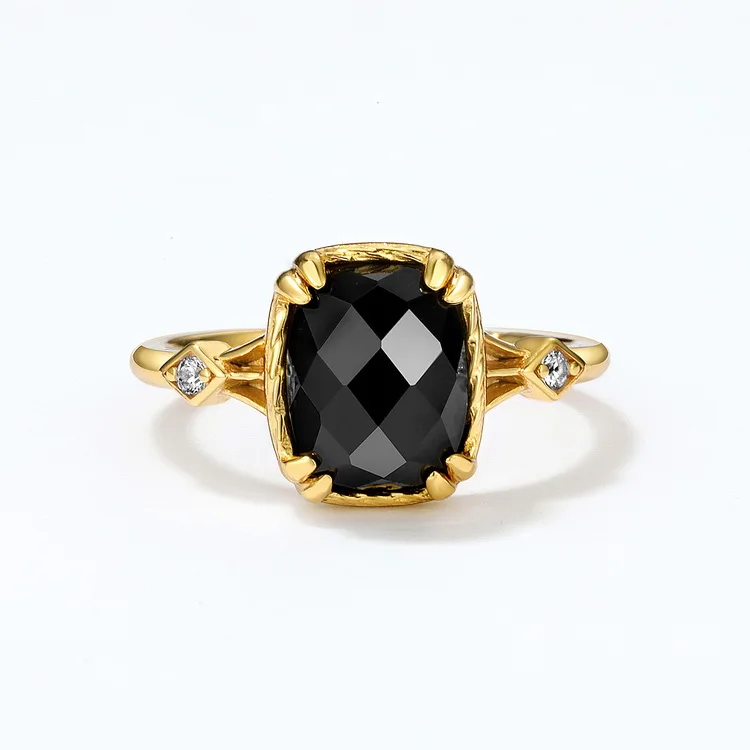JewelyKing S925 Sterling Silver Big Gems Square Stone Black Agate Ring JKRS0284