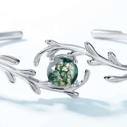 Jewelyking S925 Sterling Silver Fine Jewelry Unique Style Green Natural Moss Agate Gemstone Bracelet JKBS0037