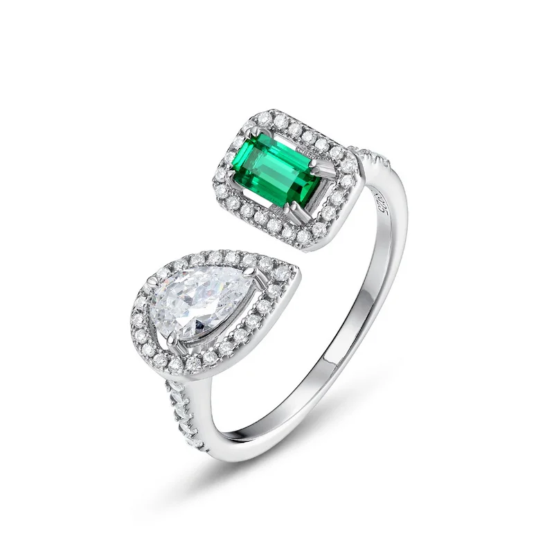 Fine Jewelry Geometric Cultivated Emerald S925 Silver FullColored Gemstones Light Luxury Open Finger Ring Retro Personality Ring