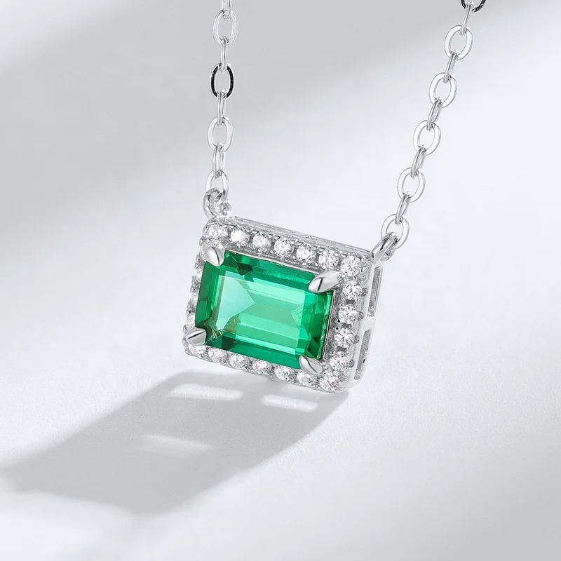 Minimalist Geometric Rectangle Birthstone Necklace Sterling Sliver 925 Cubic Zirconia and Lab Grown Emeralds Pendant Necklace