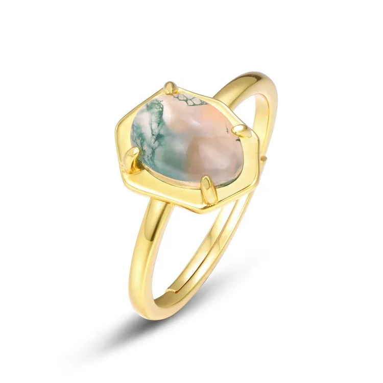 JewelyKing S925 Solid Sterling Silver Adjustable Natural Gemstone Gold Plated Green Moss Agate Ring JKRS0160