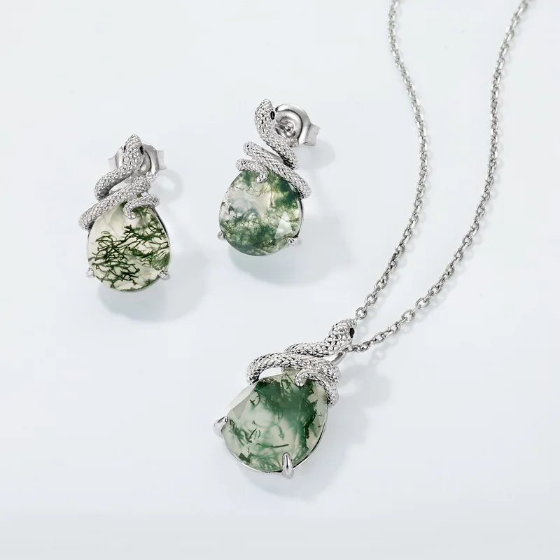 Jewelyking S925 Sterling Silver Plated Snake Moss Agate Elegant Anniversary Engagement Stud Earrings JKES0098