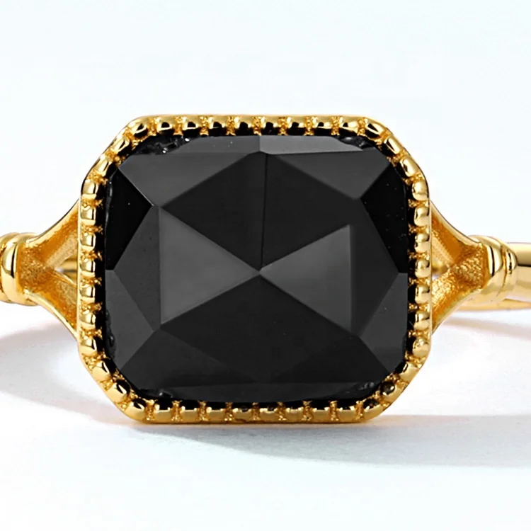 JewelyKing S925 Silver Simple Gold Plating Natural Stone Black Agate Ring JKRS0282