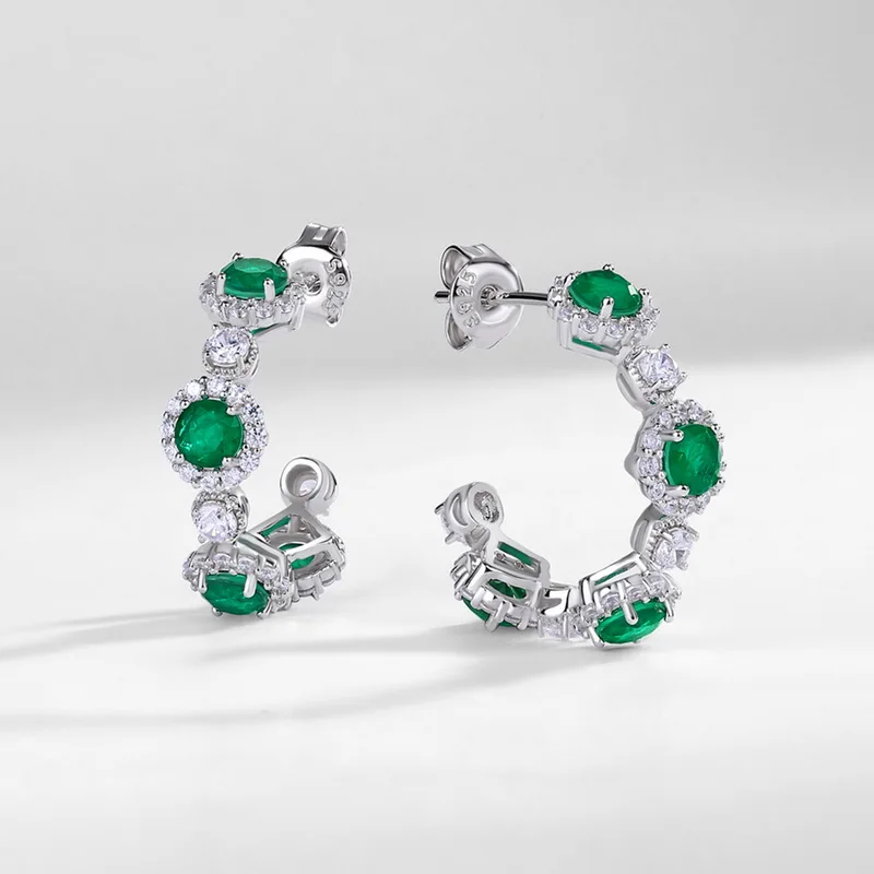 Full Diamond Lab Emerald Earrings S925 Sterling Silver Inlaid Colored Gemstone Light Luxury Personality Earrings