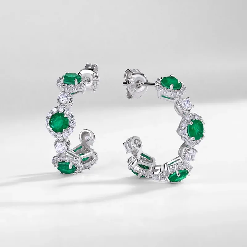 Full Diamond Lab Emerald Earrings S925 Sterling Silver Inlaid Colored Gemstone Light Luxury Personality Earrings