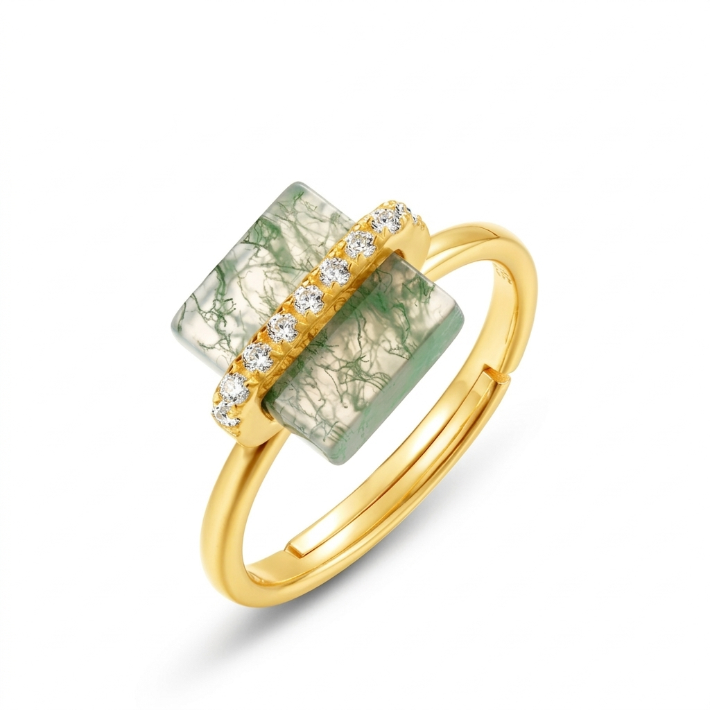 JewelyKing S925 Sterling Silver Statement Handmade Gemstone Moss Agate Ring JKRS0171