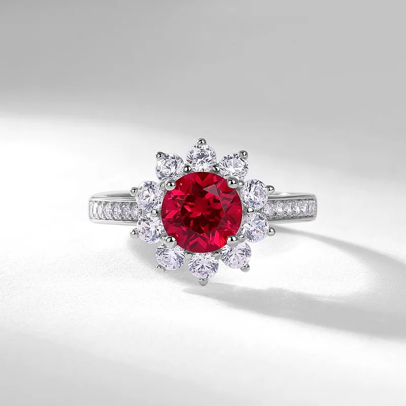 JewelyKing S925 Silver Sunflower Ruby Open Band Lab Grown Colored Gemstones Ring JKRS0257