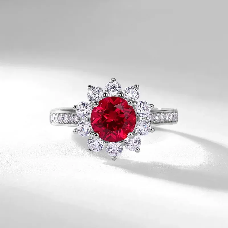 JewelyKing S925 Silver Sunflower Ruby Open Band Lab Grown Colored Gemstones Ring JKRS0257