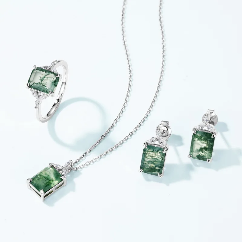 Jewelyking S925 Silver Plated White Gold Classic Solitaire Cut Green Moss Agate Gemstone Earrings JKES0096