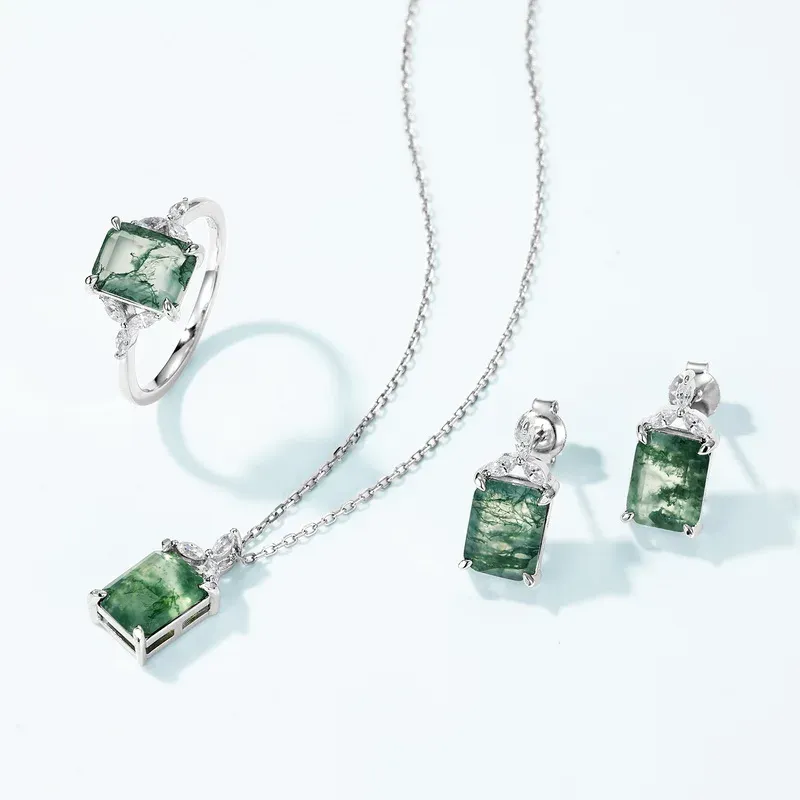 Jewelyking S925 Silver Plated White Gold Classic Solitaire Cut Green Moss Agate Gemstone Earrings JKES0096
