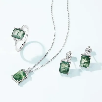 Jewelyking S925 Silver Plated White Gold Classic Solitaire Cut Green Moss Agate Gemstone Earrings JKES0096