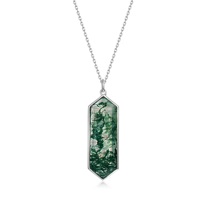 Jewelyking S925 Green Moss Agate  Silver Gold Plating Natural Stone Gemstone Pendant Necklace JKNS0112