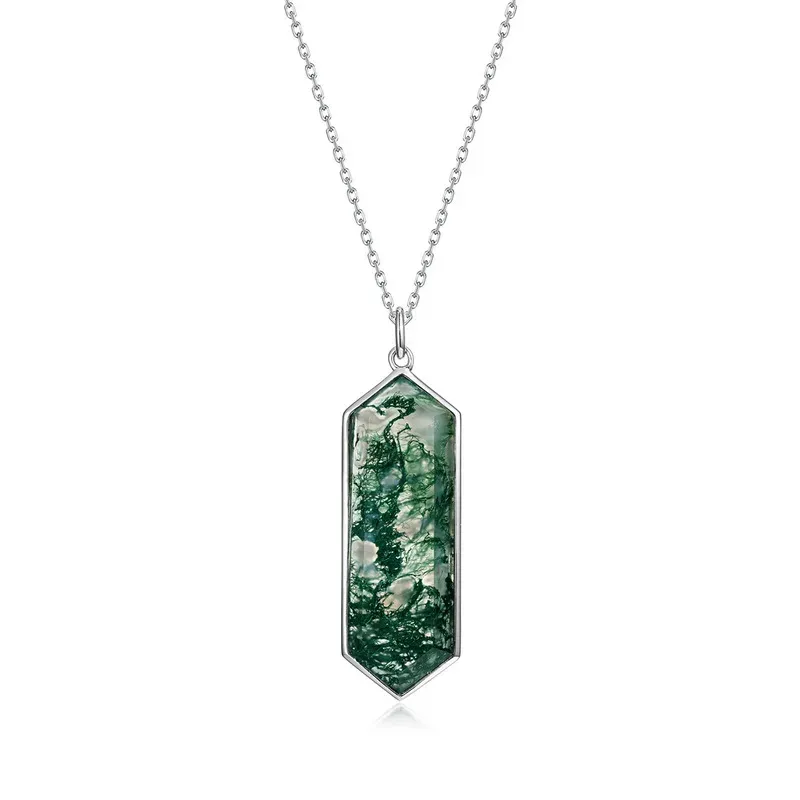 Jewelyking S925 Green Moss Agate Silver Gold Plating Natural Stone Gemstone Pendant Necklace JKNS0112