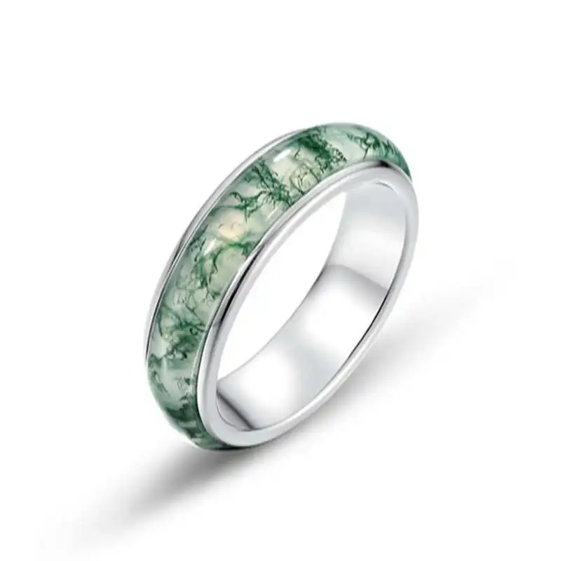 JewelyKing S925 Sterling Silver Green Moss Agate Ring Crystal Jadeite Rings  JKRS0241