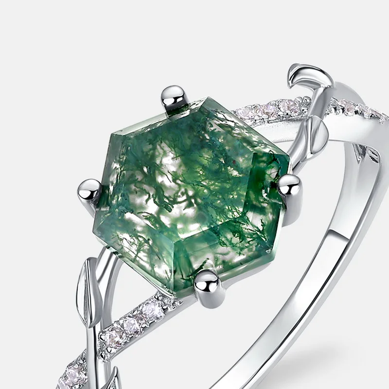 JewelyKing S925 Sterling Silver Green Moss Agate Hexagon Cut Natural Gemstone Vine Leaf CZ Accent Adjustable Solitaire Ring JKRS0155