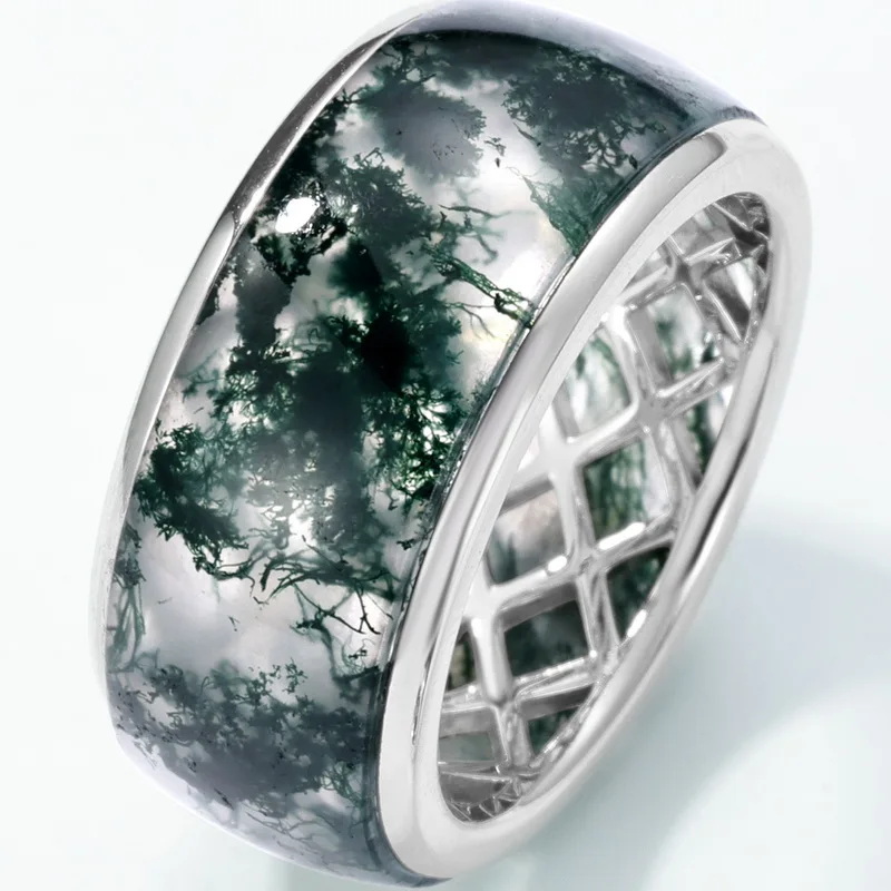 JewelyKing S925 Sterling Silver Green Moss Agate Wide Band Geometric Grid Hollow Design Natural Gemstone Ring JKRS0007