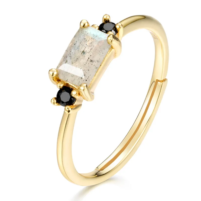 JewelyKing S925 Silver 14k Gold Plated Ring Inlaid Labradorite Black Zircon Ring JKRS0266