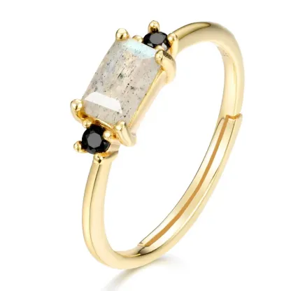 JewelyKing S925 Silver 14k Gold Plated Ring Inlaid Labradorite  Black Zircon Ring JKRS0266
