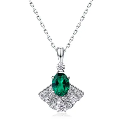 Fine Jewelry Elegant Lab Emerald Necklace Fan Shaped Pendant 925 Silver Birthstone Gift for Women