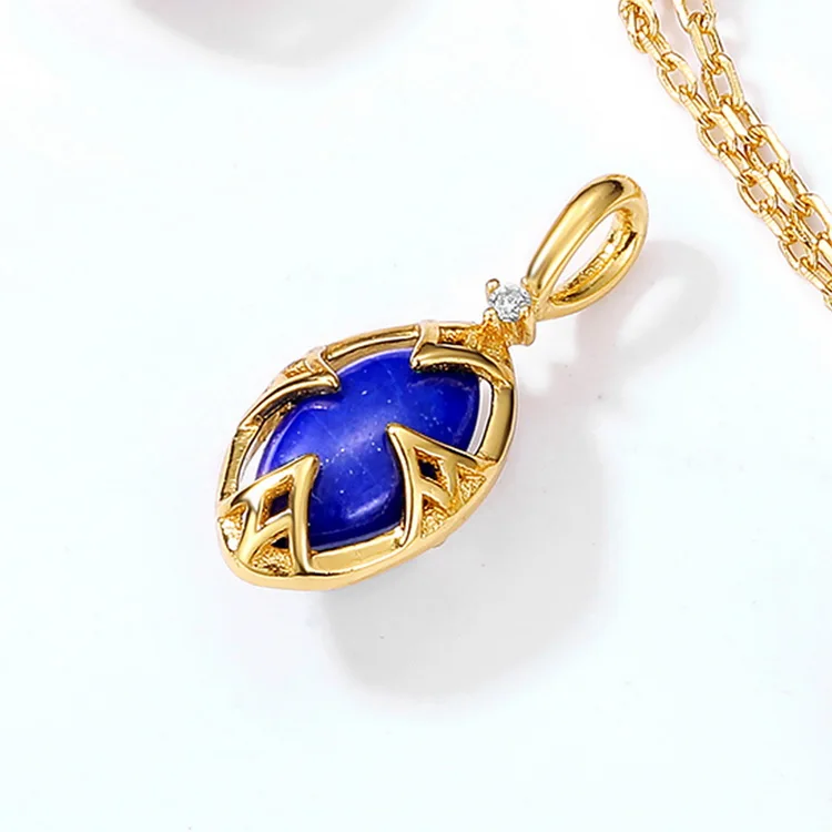 JewelyKing S925 Marquise Lapis Lazuli  Crystal Blue Gemstone  Pendant Long Necklace JKNS0170