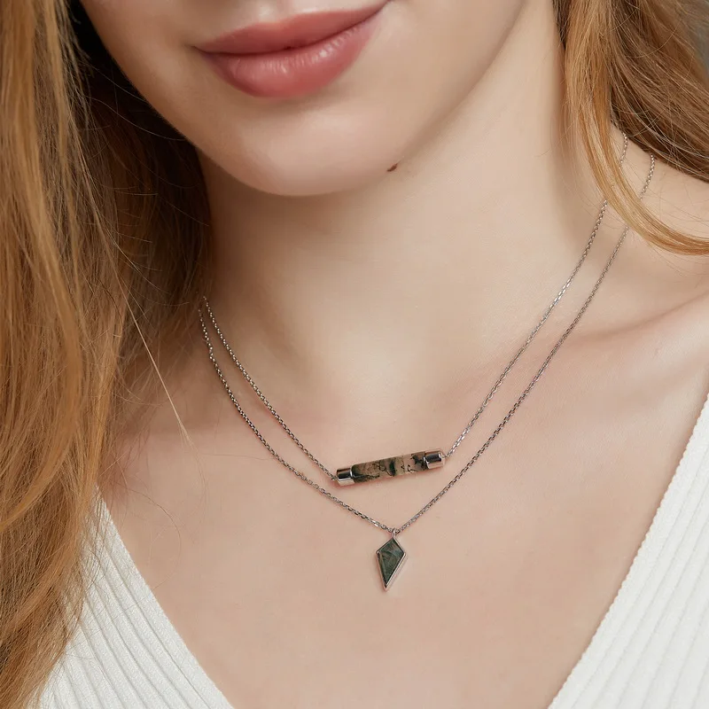 Jewelyking S925 Sterling Silver Simple Geometric Green Moss Agate Pendant Necklace JKNS0097