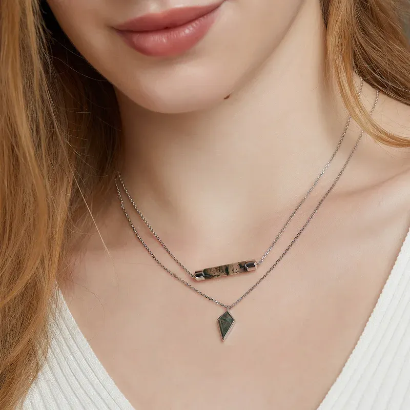 Jewelyking S925 Sterling Silver Simple Geometric Green Moss Agate Pendant Necklace JKNS0097