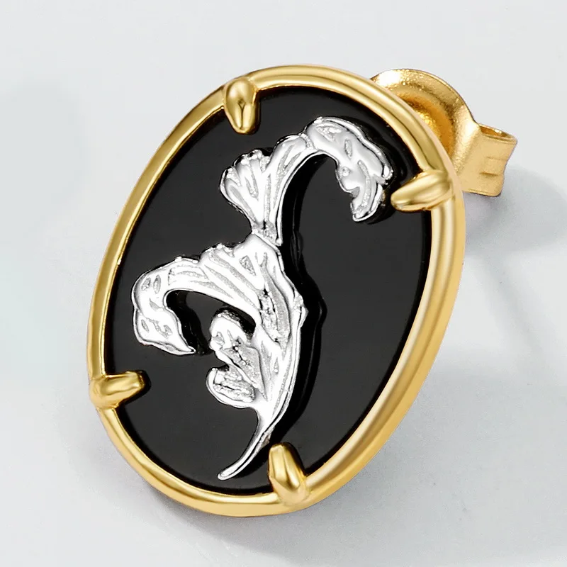 Jewelyking Oval Round Double Stone Natural Black Agate Green Moss Agate 18k Gold Plated Pendant Earrings JKES0088