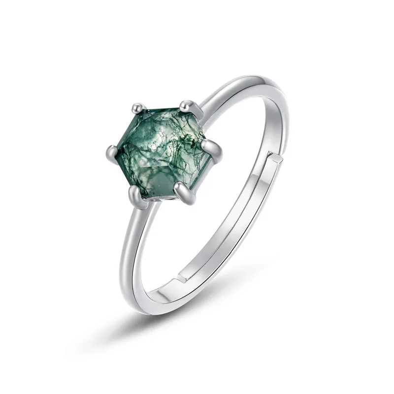 JewelyKing S925 Sterling Silver Ins Style French Vintage Colored Green Moss Agate Inlay Open Adjustable Ring JKRS0175