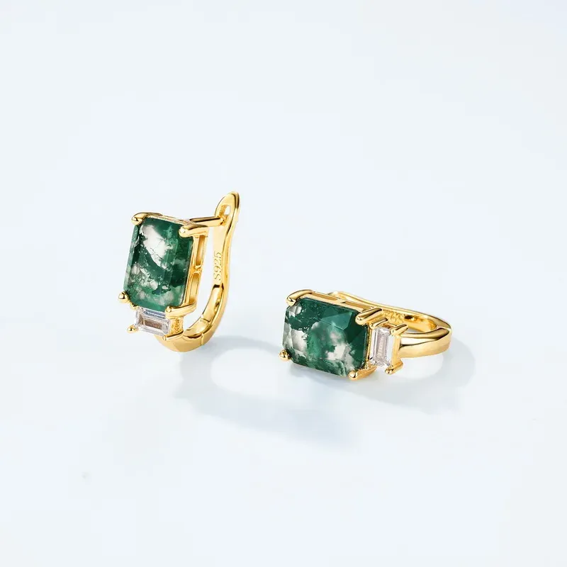 Jewelyking S925 Silver 14K Gold Plated Green Moss Agate Opal Accent Huggie Hoop Earrings JKES0109