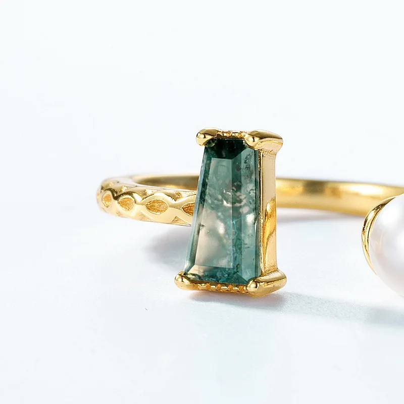 JewelyKing S925 Sterling Silver Open Gemstone Jewelry 18k Gold Plated Green Moss Agate Pearl Engagement Ring JKRS0127