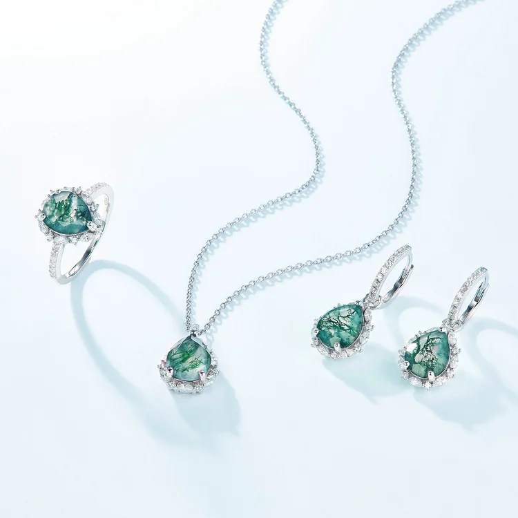 Jewelyking S925 Sterling Silver Clear Cubic Zirconia Huggie Hoop Pear Shaped Green Moss Agate Teardrops Dangle Earrings JKES0079